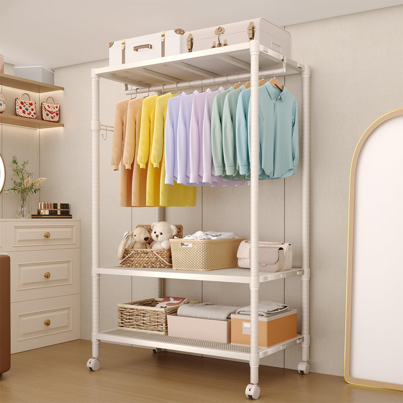Portant à vêtements robuste avec roulettes et tablette verrouillables, support à vêtements d'une capacité de 695 lb, blanc mat