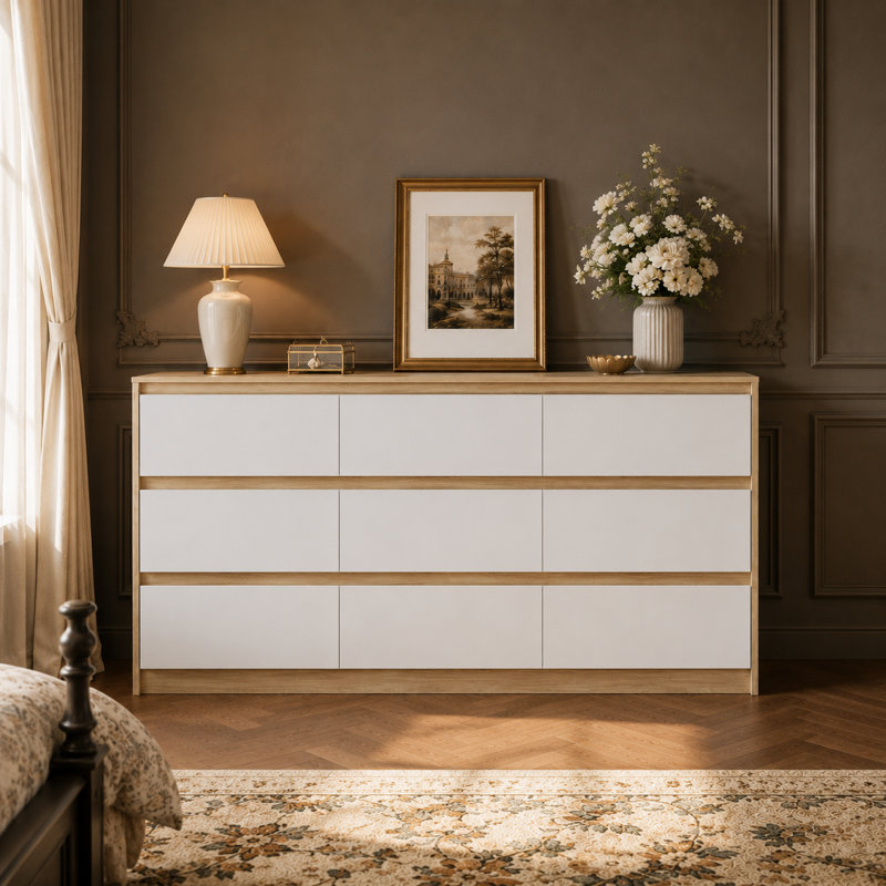 Commode 65 tiroirs 9 tiroirs, commode de rangement large moderne, Blanc / bois