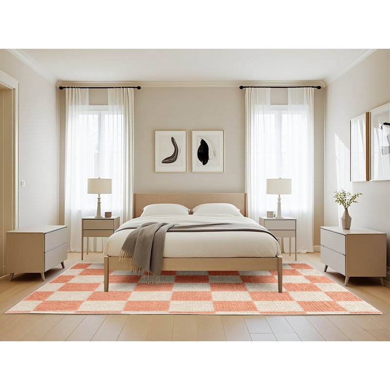 Tapis beige à carreaux lavable à la machine, Rectangle de 5 pi x 8 pi