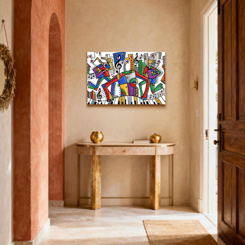 Ensemble de 1 tableau sur toile représentant des notes et des instruments de musique abstraits, H 24 po x l 36 po