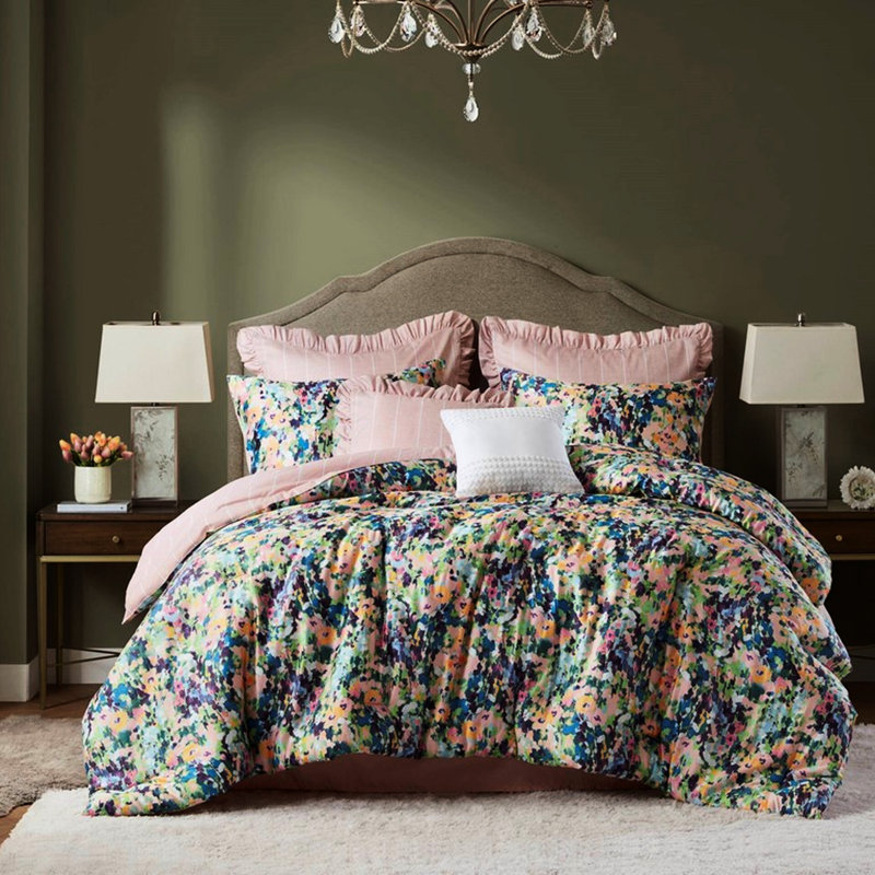 Édredon pour grand lit 8 pièces avec confort en coton toutes saisons, rayure rose blanche réversible et certification, motif rayé, détails décoratifs, dessus respirant