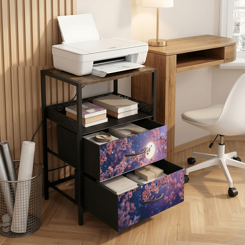 Table de chevet 2 tiroirs avec station de charge, table de chevet de chambre à coucher avec ports USB, tablette ouverte noire, table de chevet avec branches de cerisier en fleurs avec imprimé de pétales flottants