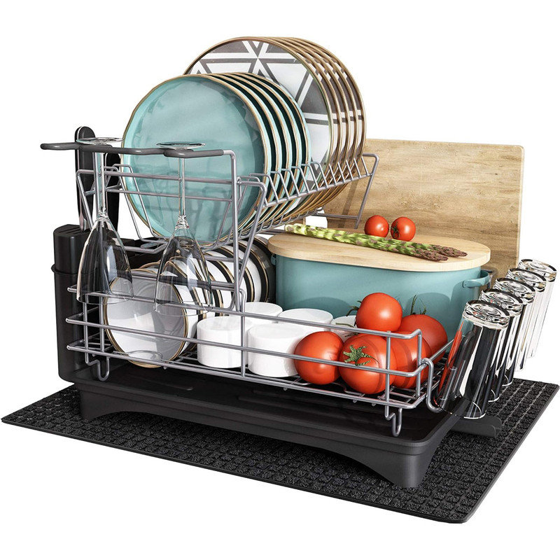 Adjustable Stainless Steel Dish Rack, Black/Silver