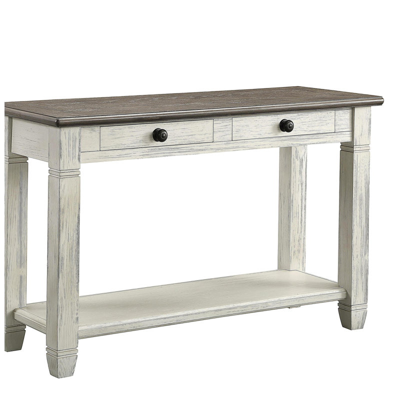 Table de bout avec 2 tiroirs, traitement de surface brun rose et blanc rétro, mobilier de salon en bois