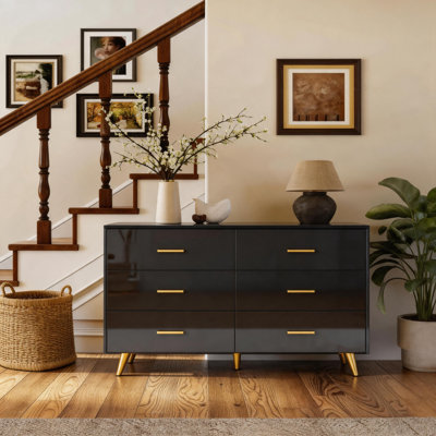 Black High Gloss 6 Drawer Dresser with Gold Pulls and Wood Legs, Contemporary Bedroom Cabinet