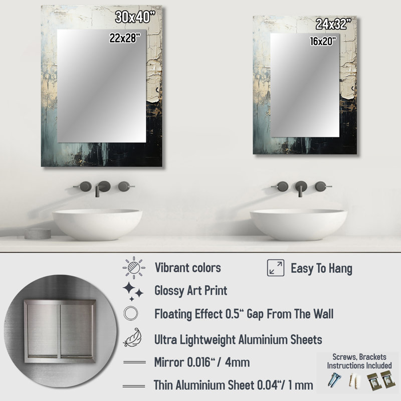 Minimalism Black And White Paint Wave II - Coastal Decorative Mirror On Metal, 40" x 30"