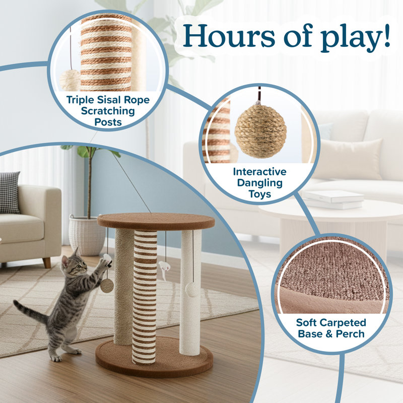 Tour à chat à griffer pour chats d'intérieur, 3 grattoirs à corde en sisal avec base et perchoir recouverts de tapis, jouets suspendus, centre d'activité pour chat et chatons de petite à moyenne taille par PETMAKER (brun clair)