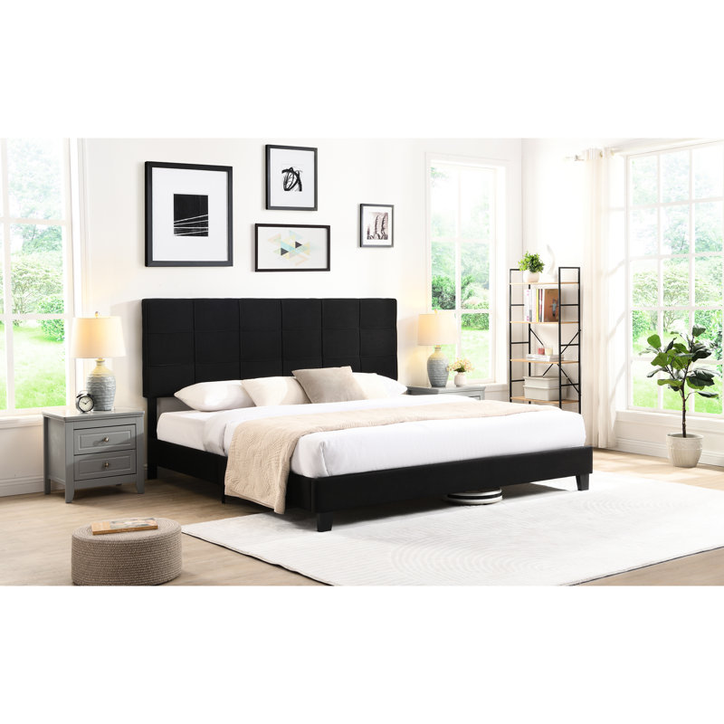 Modern King Size Upholstered Platform Bed, Linen Headboard, No Box Spring Needed, Wood Slat Support, Easy Assembly, Black Bedroom Decor Bed Frame,