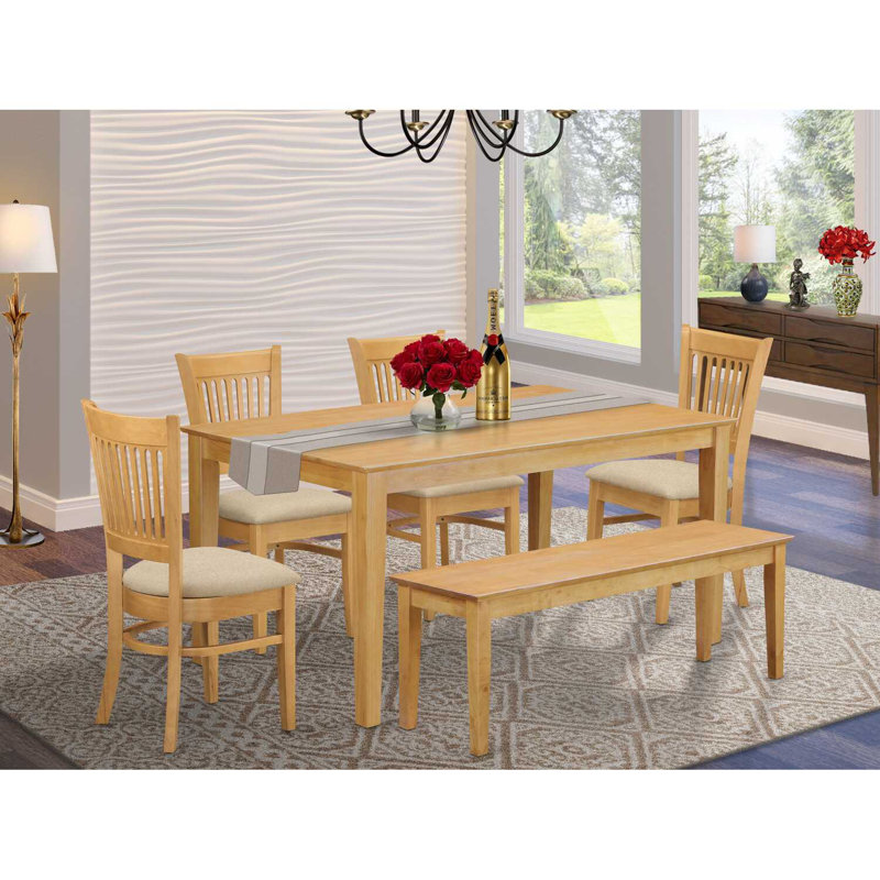 6 Piece Modern Dining Table Set Contains a Rectangle Wooden Table and 4 Linen Fabric Upholstered Chairs with a Bench, 36x60 Inch, Oak