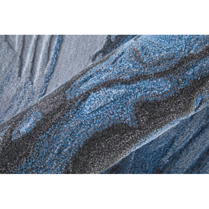 Kawai Hand Tufted Wool/Viscose Abstract Area Rug in Blue/Gray/Black, Rectangle 10' x 14'