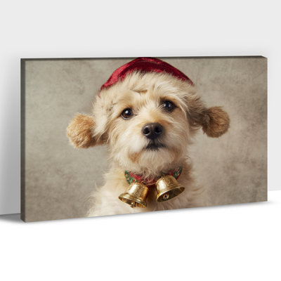 Grand art mural de chien de Noël - chiot de vacances, décoration murale, reproductions d'art animalier d'hiver pour le salon, peintures rétro de Noël pour la maison, reproduction sur toile encadrée, 32 po x 48 po