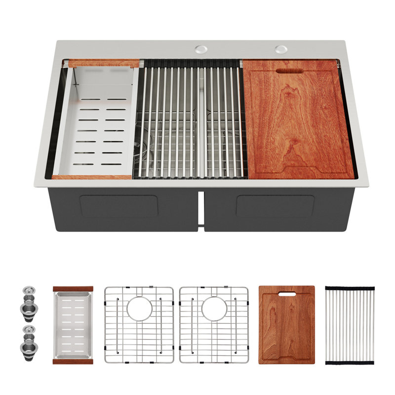 Topmount Drop In Kitchen Sink - 33"X 22" X 10" Double Bowl  Kitchen Sink 16 Gauge With Two 10" Deep Basin