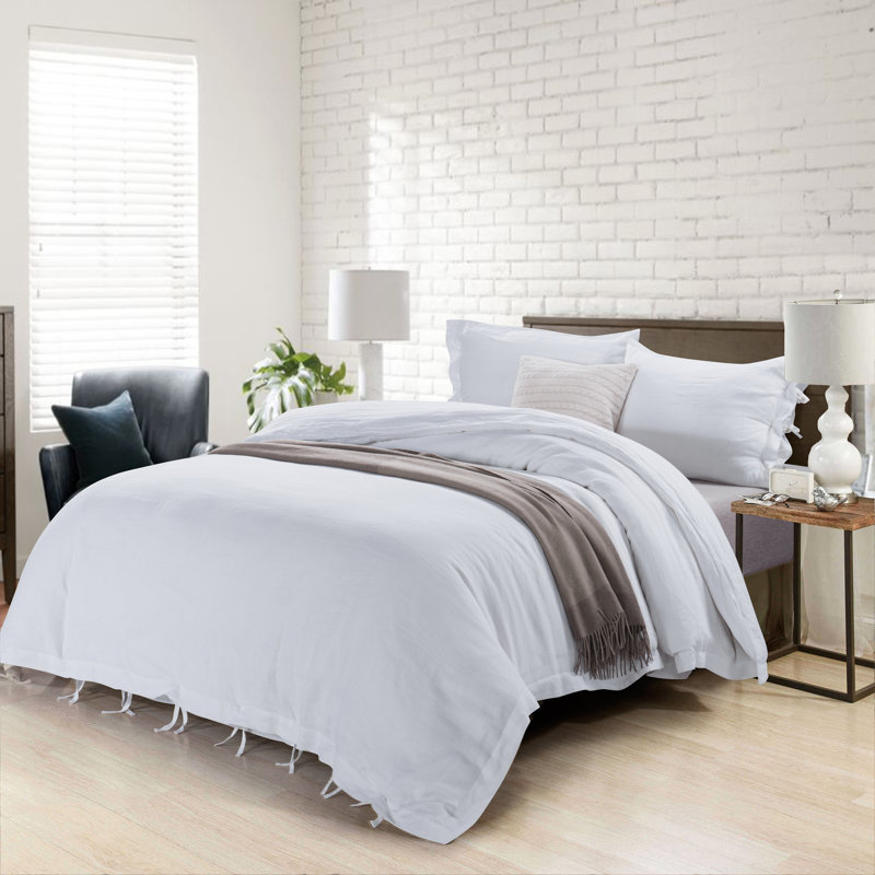  Ensemble de housse de couette en lin pur délavé à la pierre, Blanc, Housse de couette grand + 2 taies décoratives