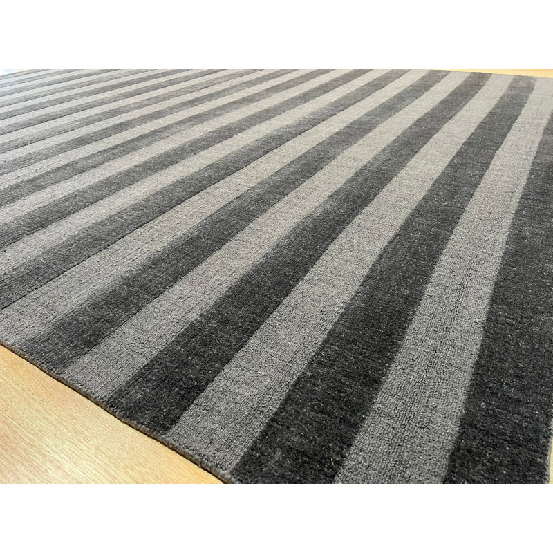 Gray Hand-Knotted Wool Subtle Stripes Geometric Modern Contemporary Carpet Rug, 10' x 14'