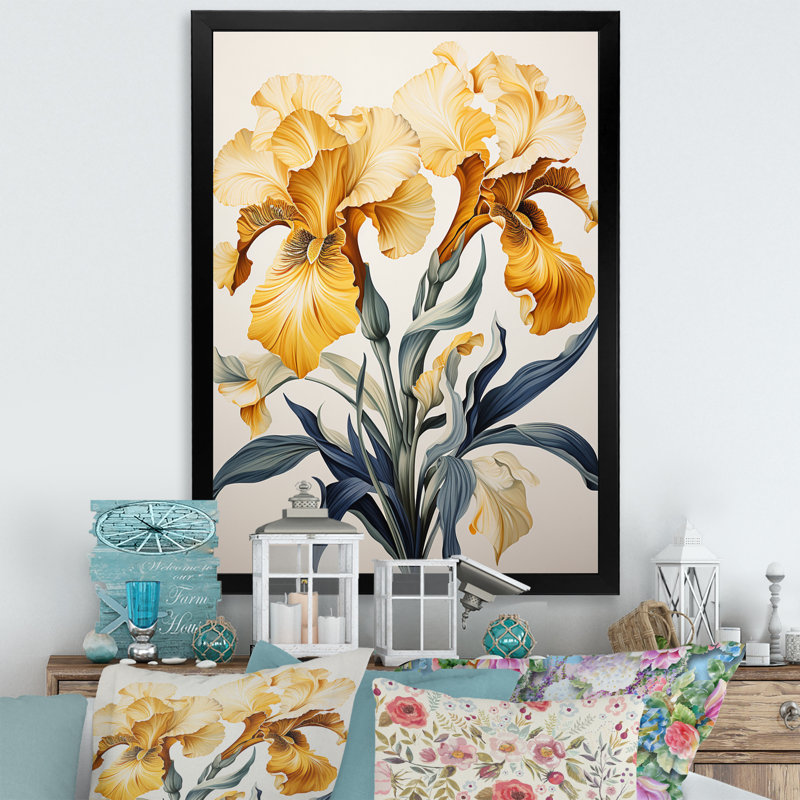 Illustration rétro d'iris dorés sur toile, H 32 po x l 16 po x P 1 po, Cadre simple noir
