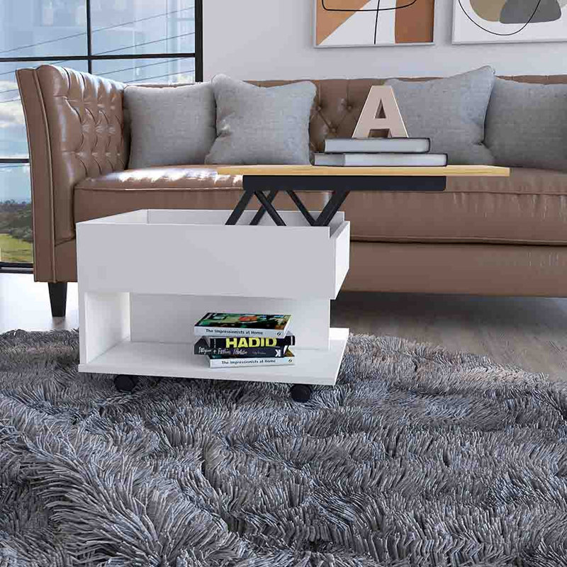  Table basse à plateau relevable en bois naturel et blanc 22 po avec deux tablettes - rangement transitionnel à plateau relevable