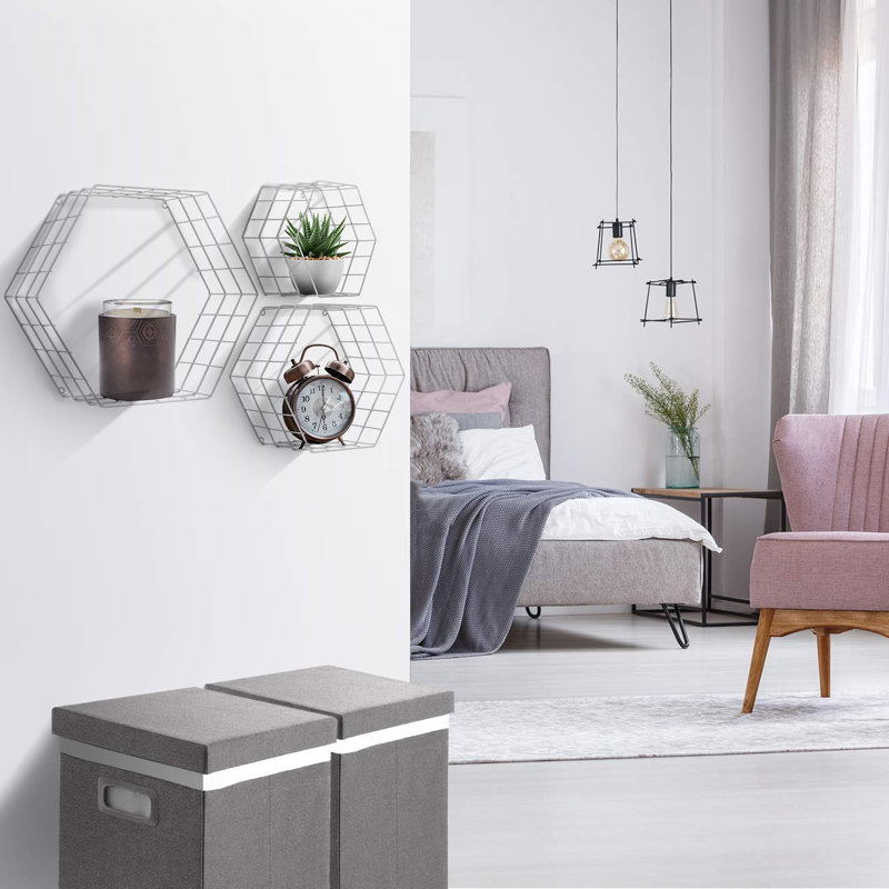 Sorbus 3 Pieces Metal Hexagon Floating Shelves Set, White, White