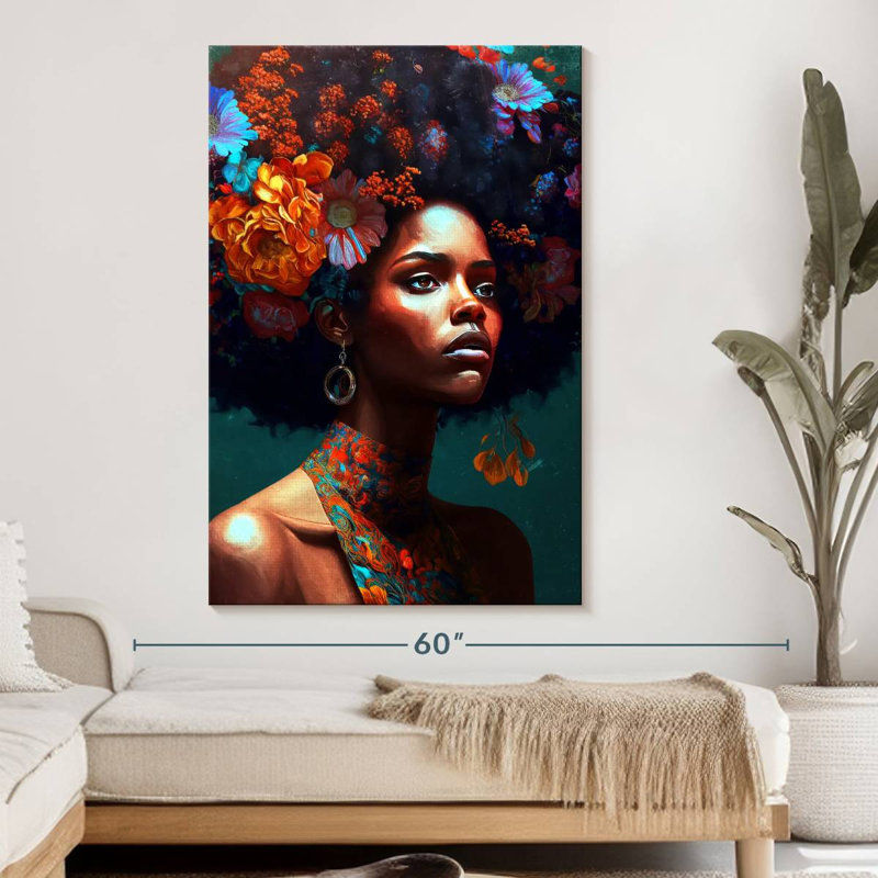 Fille ethnique aux cheveux floraux, H 51 po x l 34 po x P 1,25 po