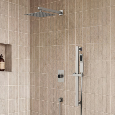Système de douche complet à pression équilibrée, pomme de douche à pluie 10 po avec douchette, barre coulissante