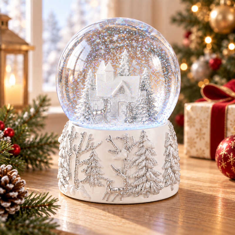 Boule à neige musicale de Noël avec maison d'hiver blanche et cerf, lumière DEL à couleurs changeantes, boule à neige musicale pour décoration de table de Noël