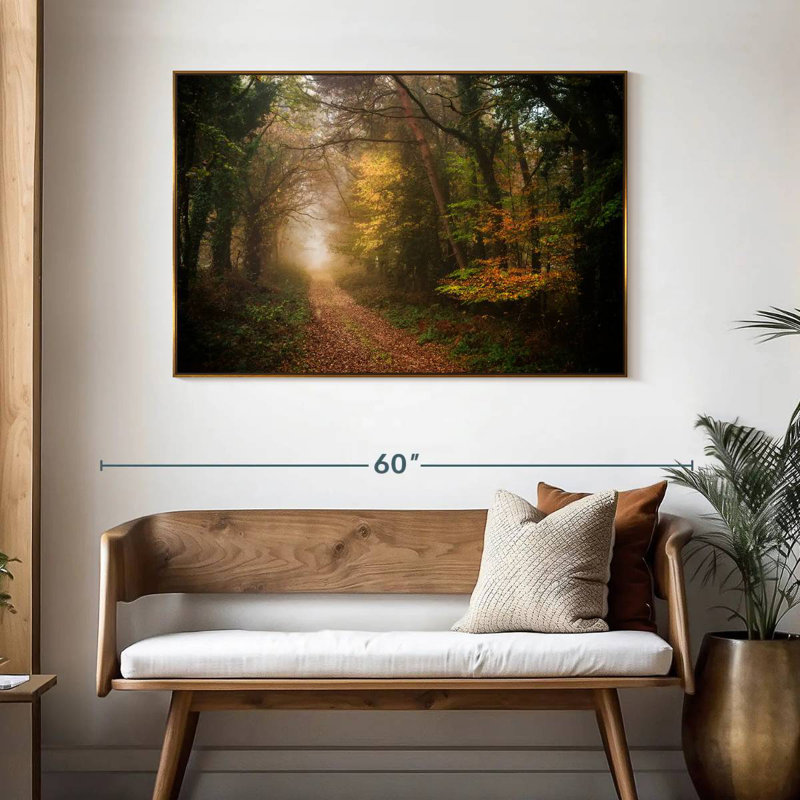 Chemin dans la forêt d'automne, 46 po x 31 po, Cadre flottant doré