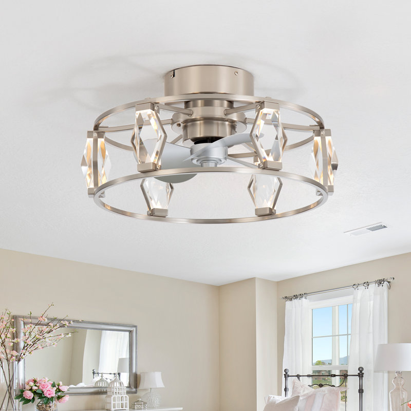20'' Crystal Small Enclosed Caged Ceiling Fan With Light And Remote, Low Profile Bladeless Ceiling Fan Light Fixture 6 Speed, 3 Reversible Abs Blades And Quiet Motor, Flush Mount For Indoor/covered Outdoor