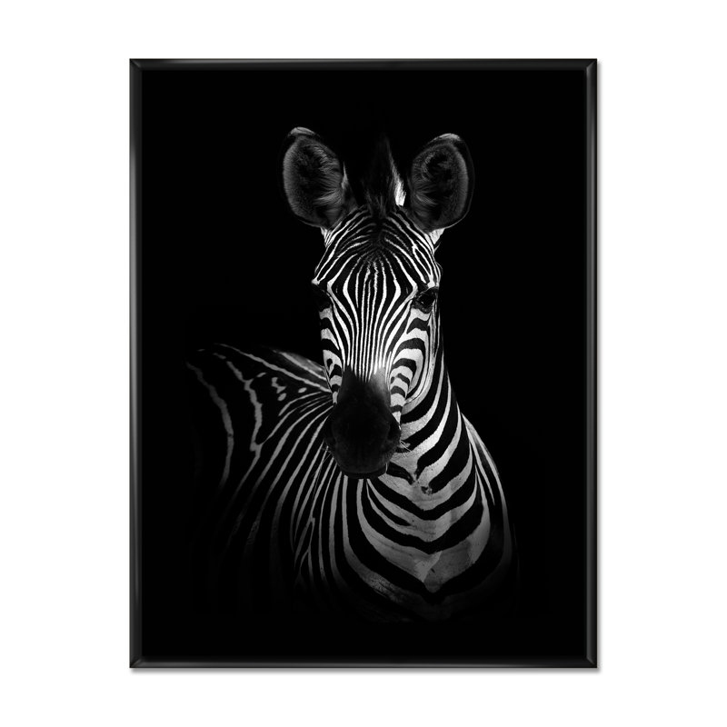Zèbre en noir et blanc - reproduction d'art sur toile, H 36 po x l 24 po x P 1 po, Cadre flottant noir