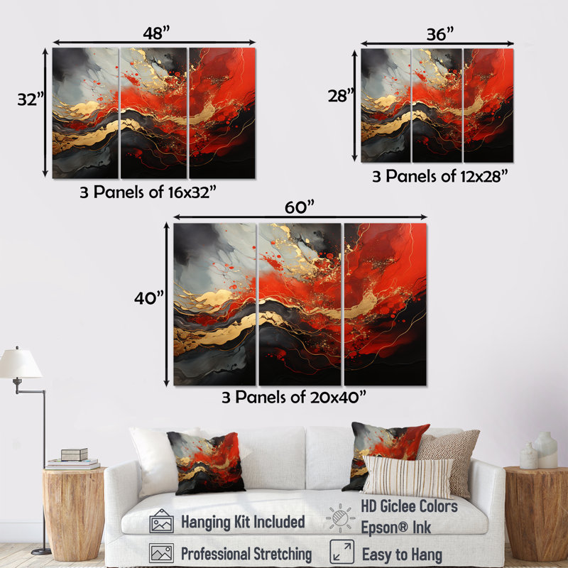 Rouge et or feu de marbre I - art mural abstrait, Toile tendue, H 40 po x l 60 po x P 1 po