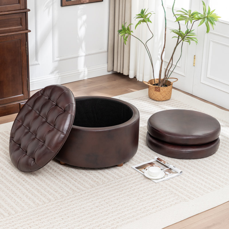 27.5‘’ Wide Genuine Leather Storage Ottoman With Two Floor Cushion, Espresso