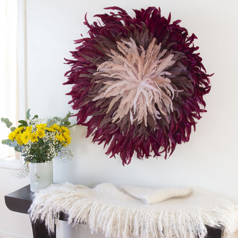 Décoration murale Juju Hat Feather, Bourgogne / mauve / or rose, H 32 po x l 29 po x P 6 po