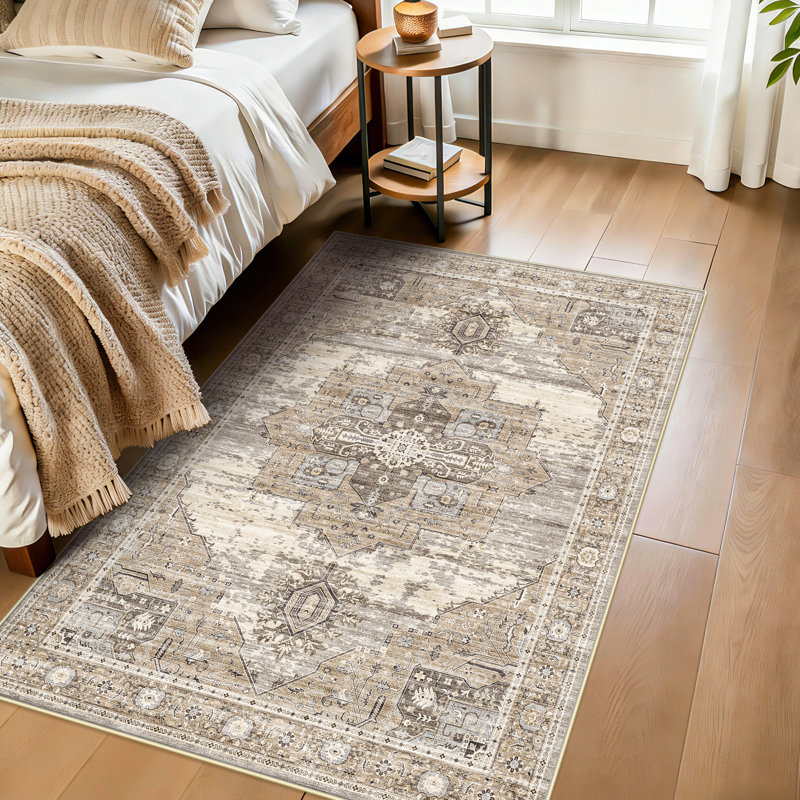 Washable Rugs - Large Boho Rugs for Living Room Stain Resistant Carpet Vintage Tribal Rugs for Bedroom Kitchen Bathroom Non Slip Backing Home Decor Floor Decoration Mat Beige