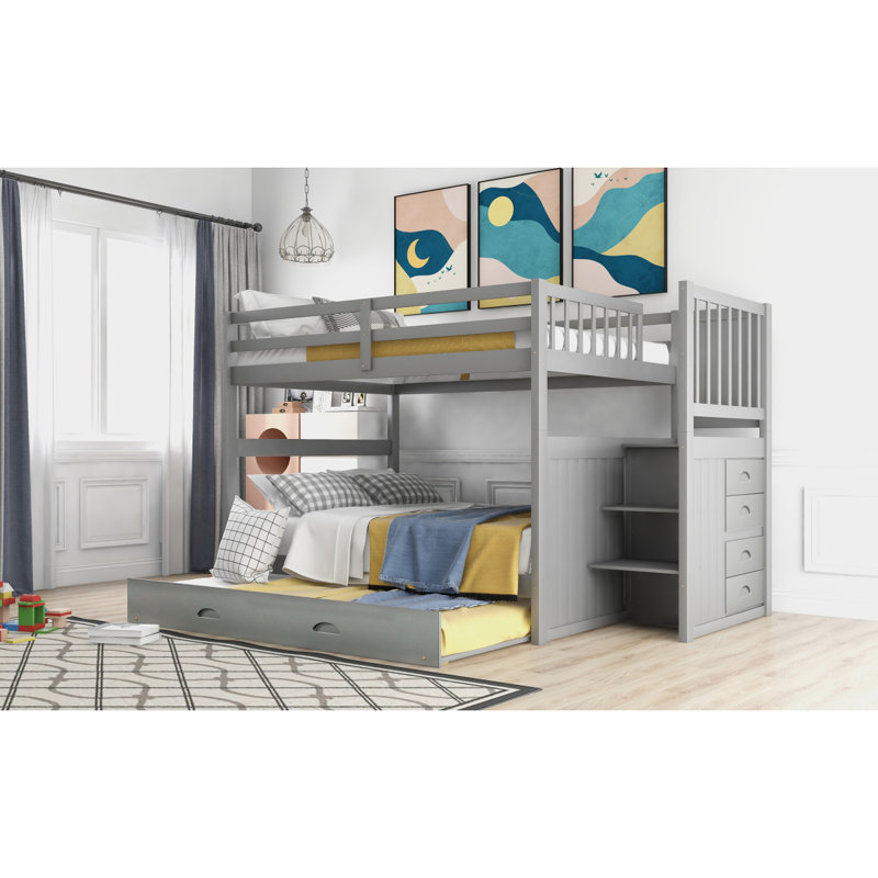 Lit double superposé au-dessus d'un lit double avec lit gigogne simple, gris (ancien sku: LT000126AAE-1)
