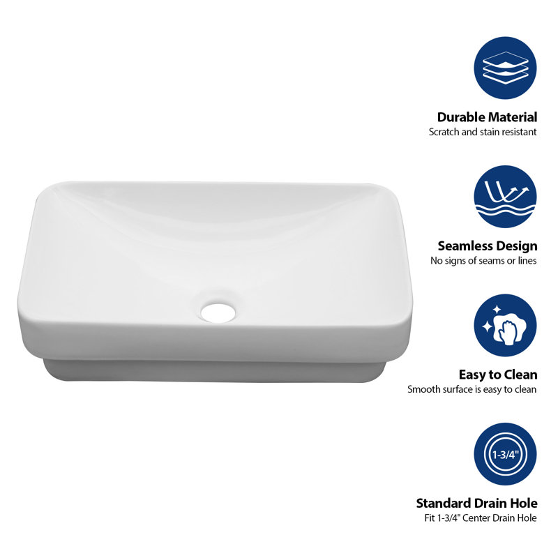 Topcraft White 19“X12” Rectangular Semi-Recessed Ceramic Bathroom Sink, White