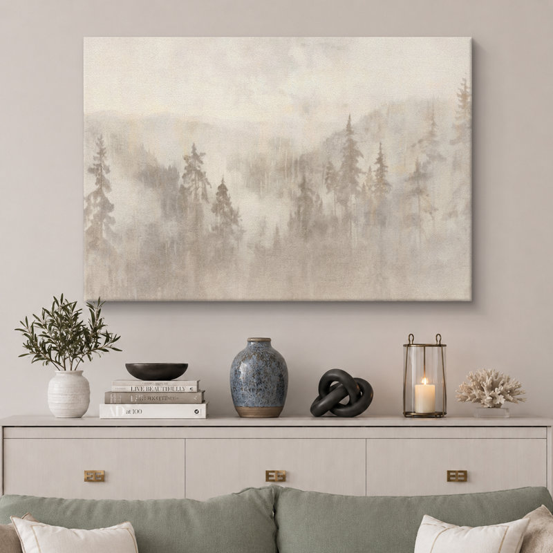 «Woodland Forest Landscape Misty Forest Soft Neutral Landscape Illustration Modern Large Large Canvas Art, art mural»