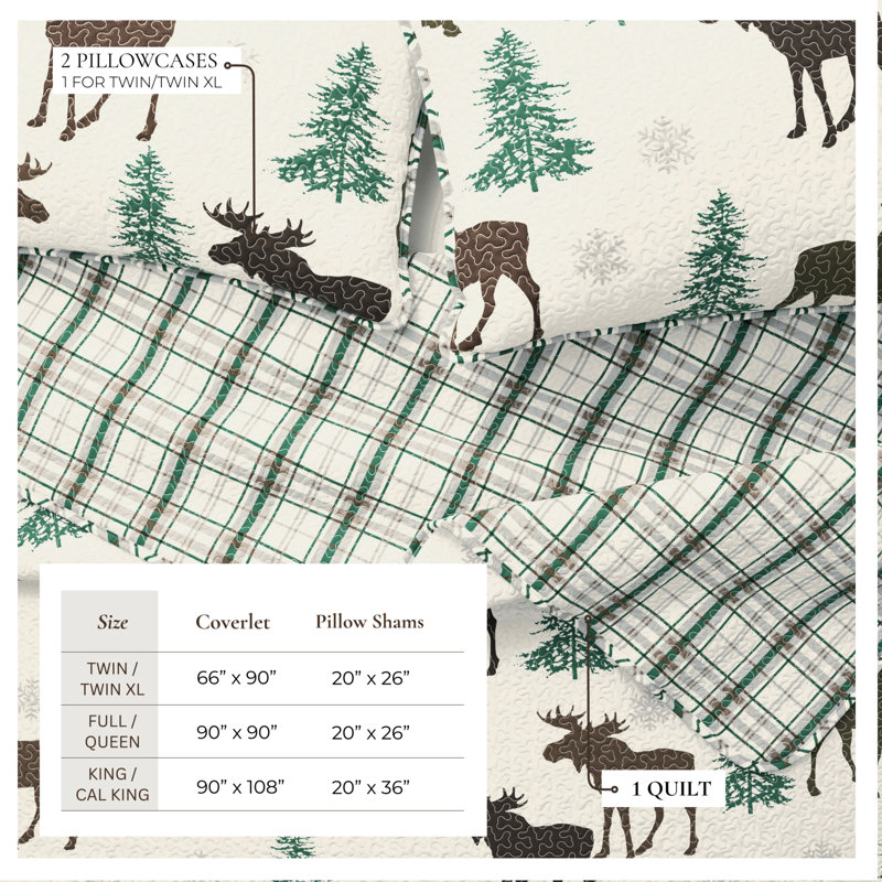 Moose Printed Reversible Patchwork Quilt Set with Shams, Chocolate, King/California King Quilt + 2 Shams