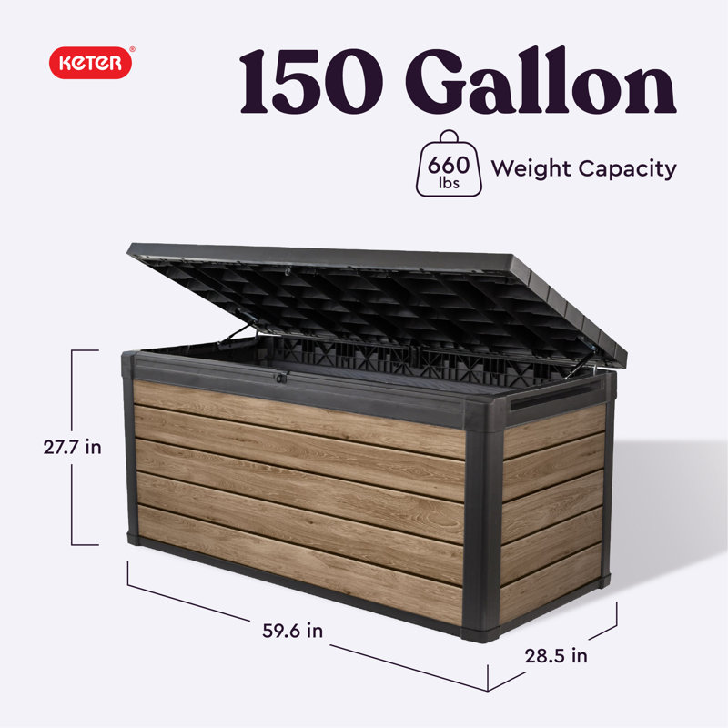 Keter Signature Collection 150 Gallon Durable Resin Outdoor Storage and Organization Deck Box Ideal For Garden Patio Furniture and Supplies, Ashwood