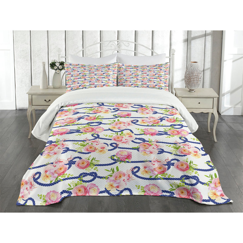 Ambesonne Ambesonne Navy and Blush Bedspread Set 3 Pcs Marine Floral Queen Navy Blue Pink Green