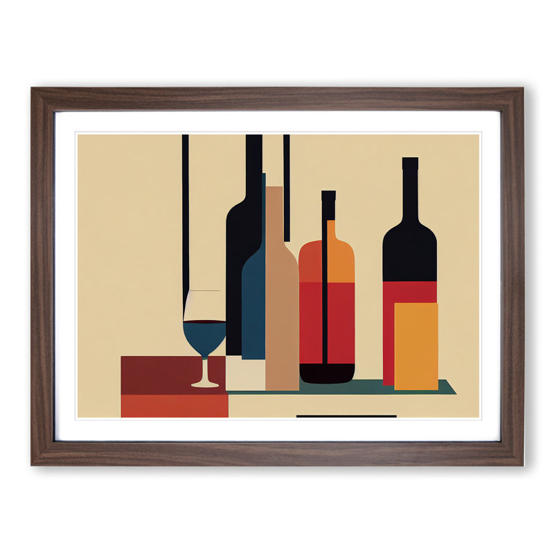 XH1022-10169X Wine Bottle Retro Art Vol.2 Abstract - Single Picture Frame Print, 46cm H x 64cm W x 2cm D, Walnut