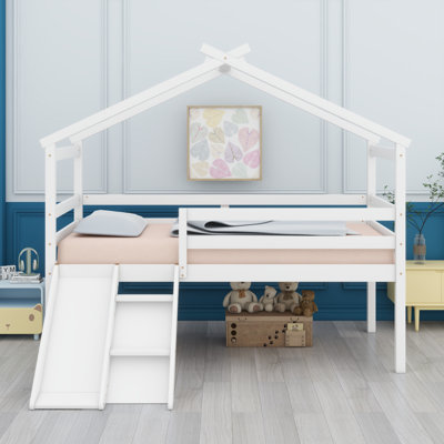 Lit mezzanine bas avec glissade, échelle, barrières de sécurité, cadre de toit de maison