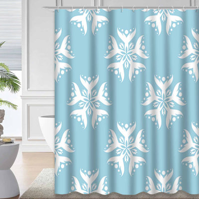 White Floral Ornament Navy Blue Shower Curtain with 12 Hooks