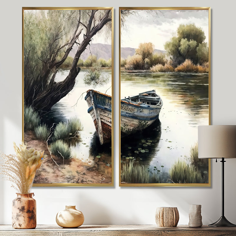 Bateau de pêche dans la rivière - impressions sur toile vertes 2 pièces, 32" H x 32" W, Impression encadrée flottante, Gold