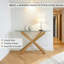 Console moderne en or avec plateau en verre trempé et base géométrique en métal - Canapé d'entrée, de couloir ou de salon étroit