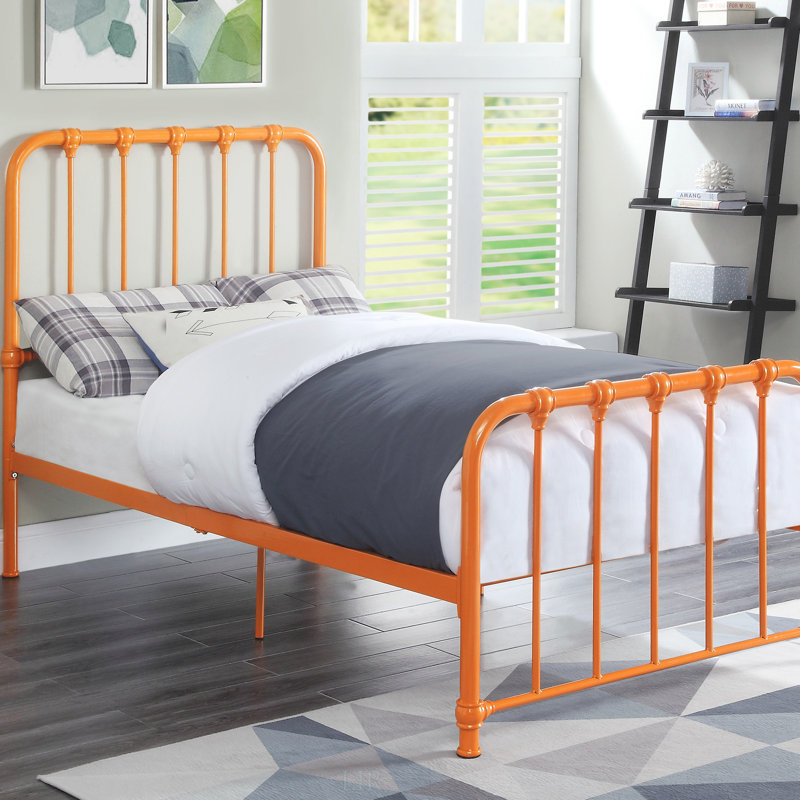 Lit plateforme élégant en métal, assemblage facile et aucun sommier requis, livraison compacte, Lit simple, Orange