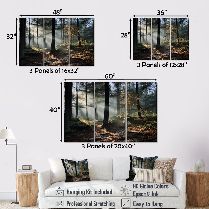 Forêt de pin, paysage d'automne, ensemble d'art mural, Toile tendue, H 40 po x l 60 po x P 1 po