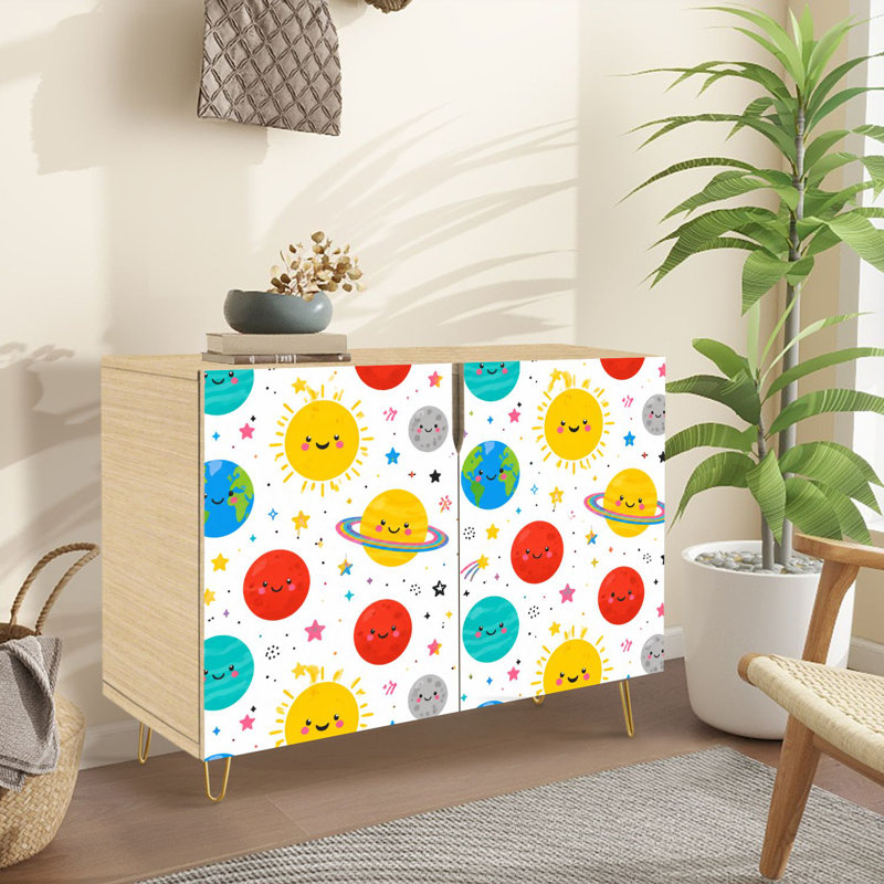 Buffet buffet avec espace de rangement Planètes sans soudure système solaire Sun Météorite étoiles dessin de griffonnage avec 2 portes pour le salon et la cuisine