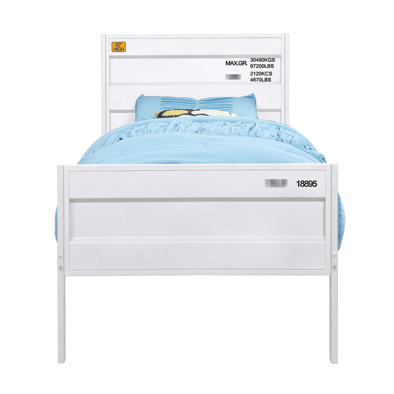 Cadre de lit blanc sur le thème du contenant, format double, sommier tapissier non requis pour une configuration de chambre à coucher peu encombrante