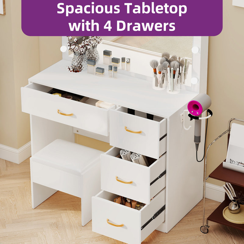 Makeup Vanity With LED Mirror, White
