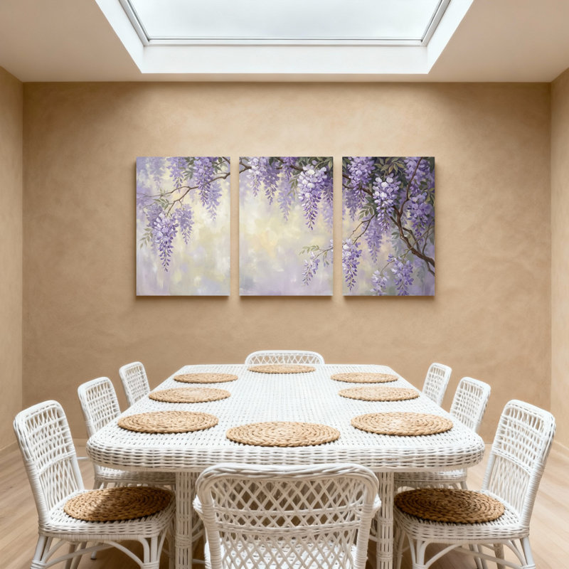 Plantes et fleurs, fleurs de glycine mauves sur fond doux, ensemble de 3 impressions d'art sur toile, H 36 po x l 72 po