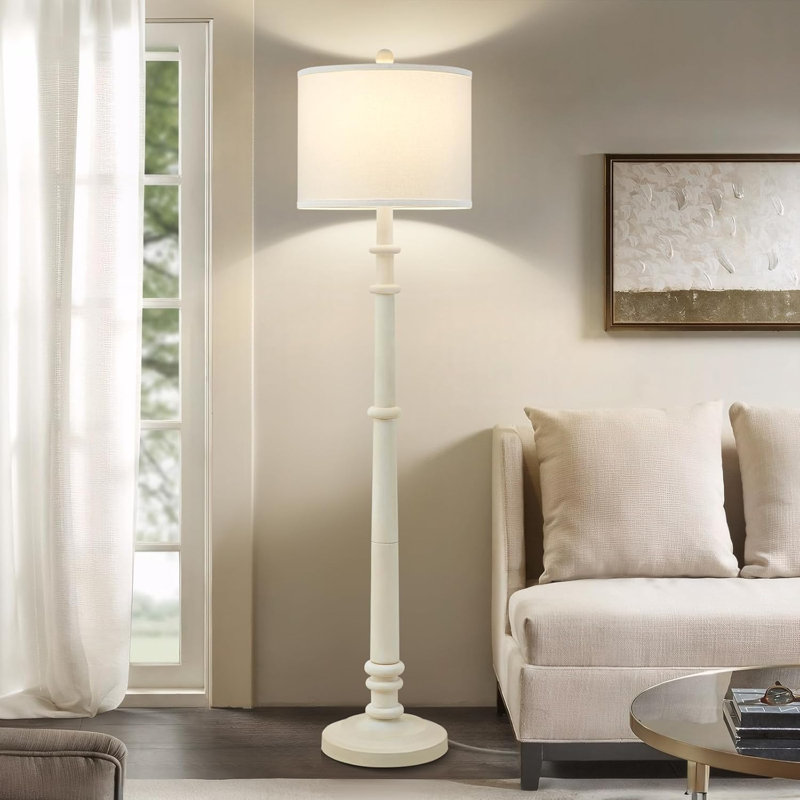 Lampe sur pied avec abat-jour en lin Farmhouse, Blanc, 3000, Blanc