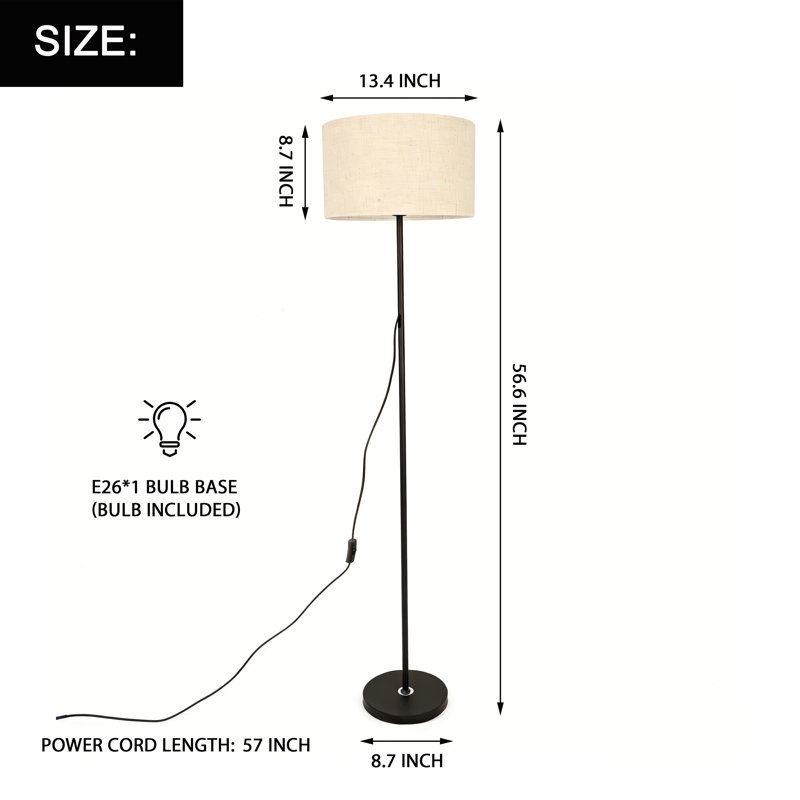 Modern Minimalist Black Floor Lamp With Linen Drum Shade, E26 Warm Bulb Included, Standing Lamp For Living Room Bedroom